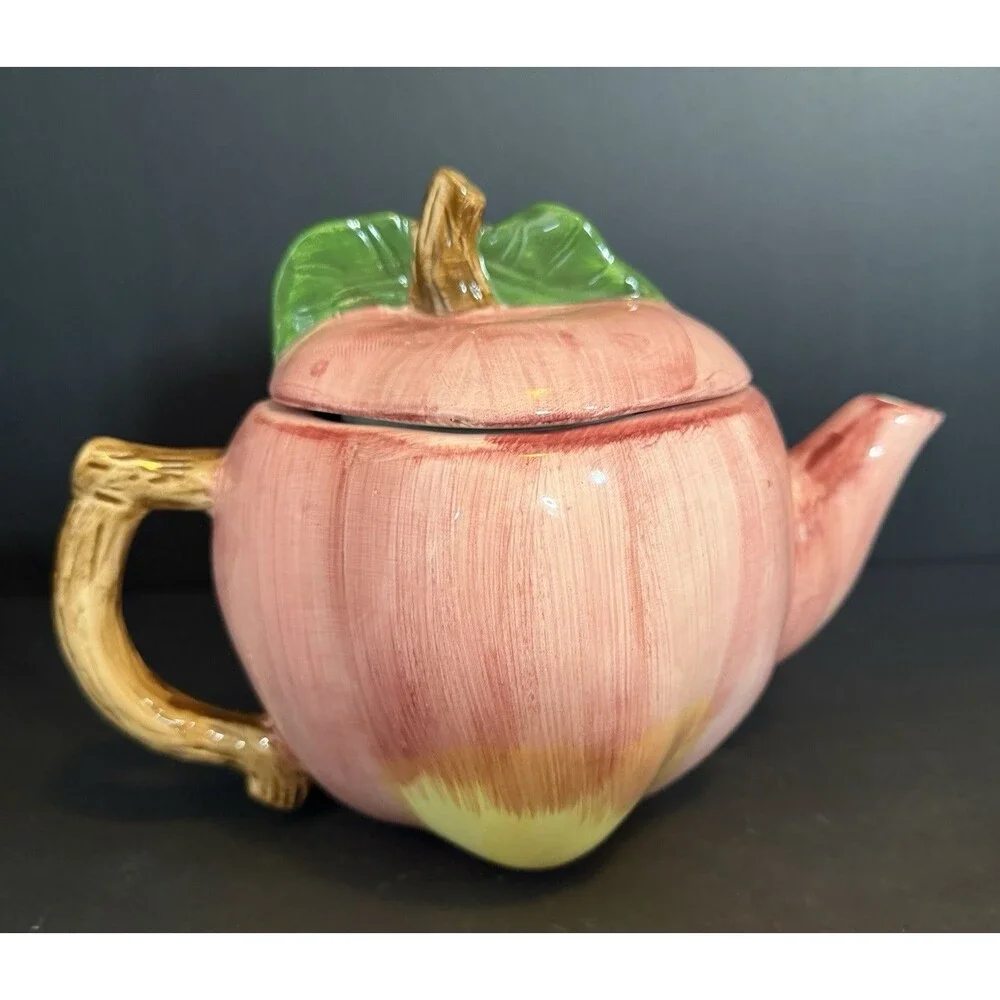 Vtg Enesco Ceramic Apple Teapot Pink Hand Painted Figural Fruit Lid Cottagecore